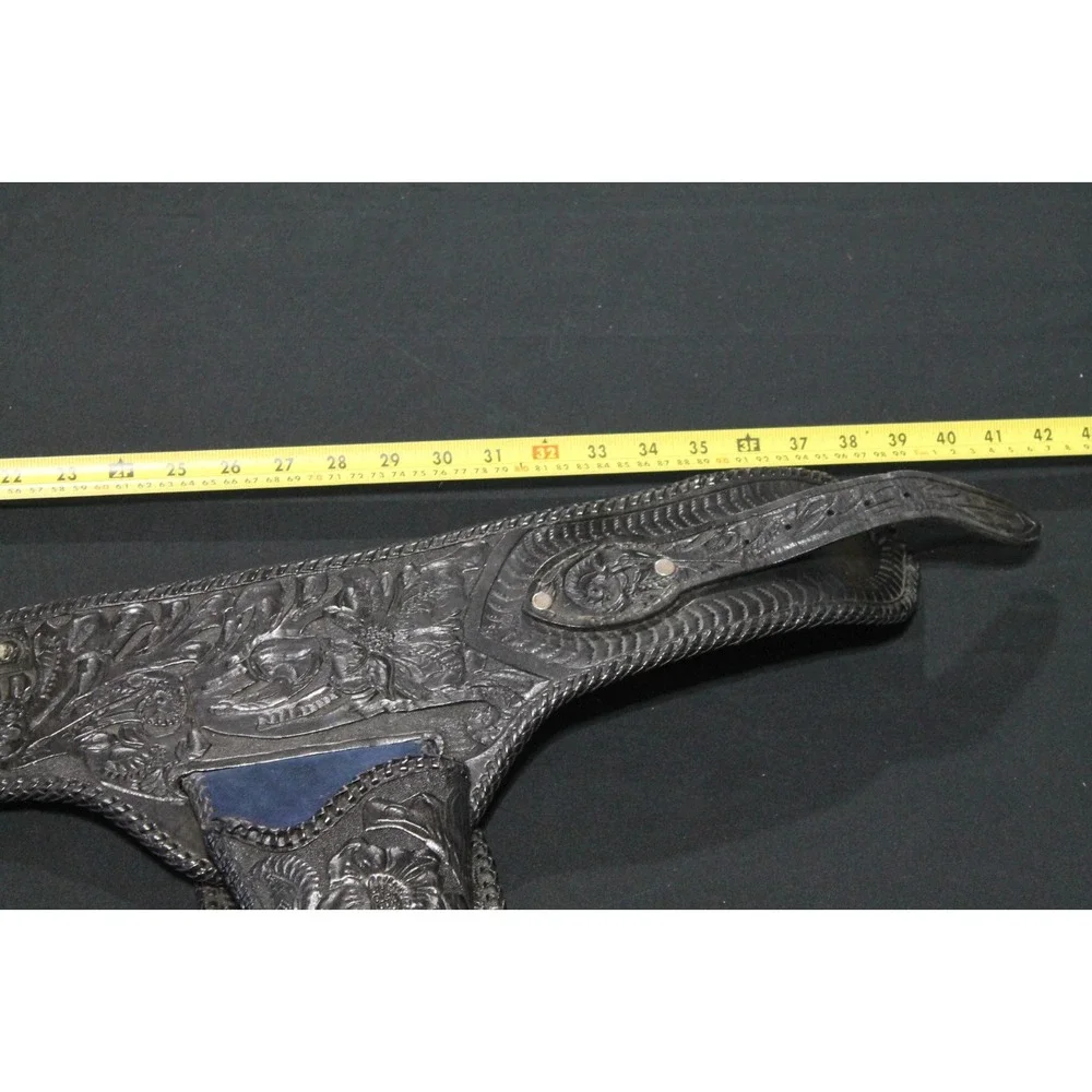 Vintage Tooled Leather Western Double Holster Belt Black Floral Carved Cowboy